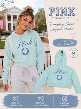 Victoria's Secret PINK Everyday Fleece Cropped Hoodie Blue Opal Size Medium